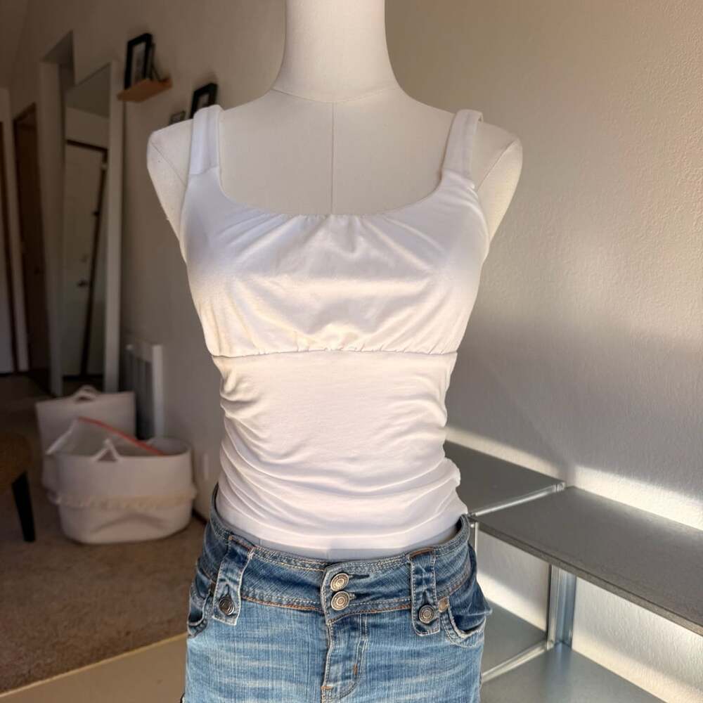 Loft Ruched Empire Waist Tank Top Size XS White Square Neck Cami